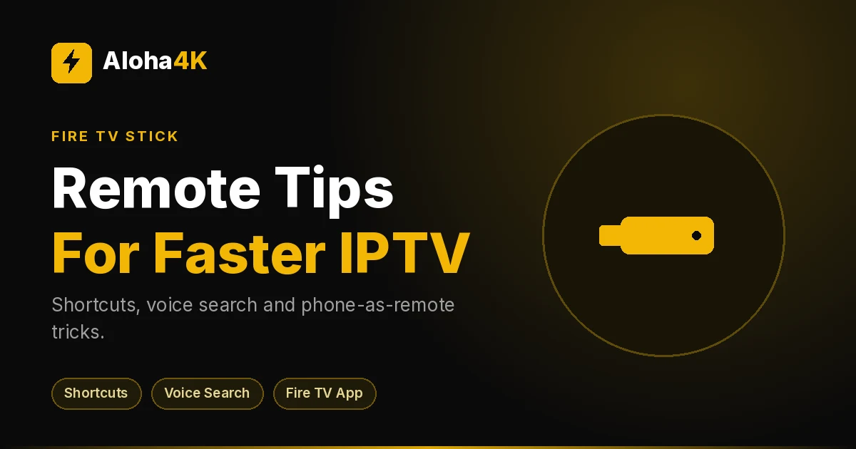 Hand holding a streaming stick remote pointed at a TV showing an IPTV channel list